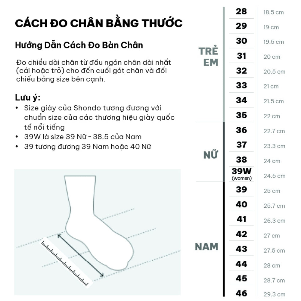 Chân 25cm đi giày size bao nhiêu