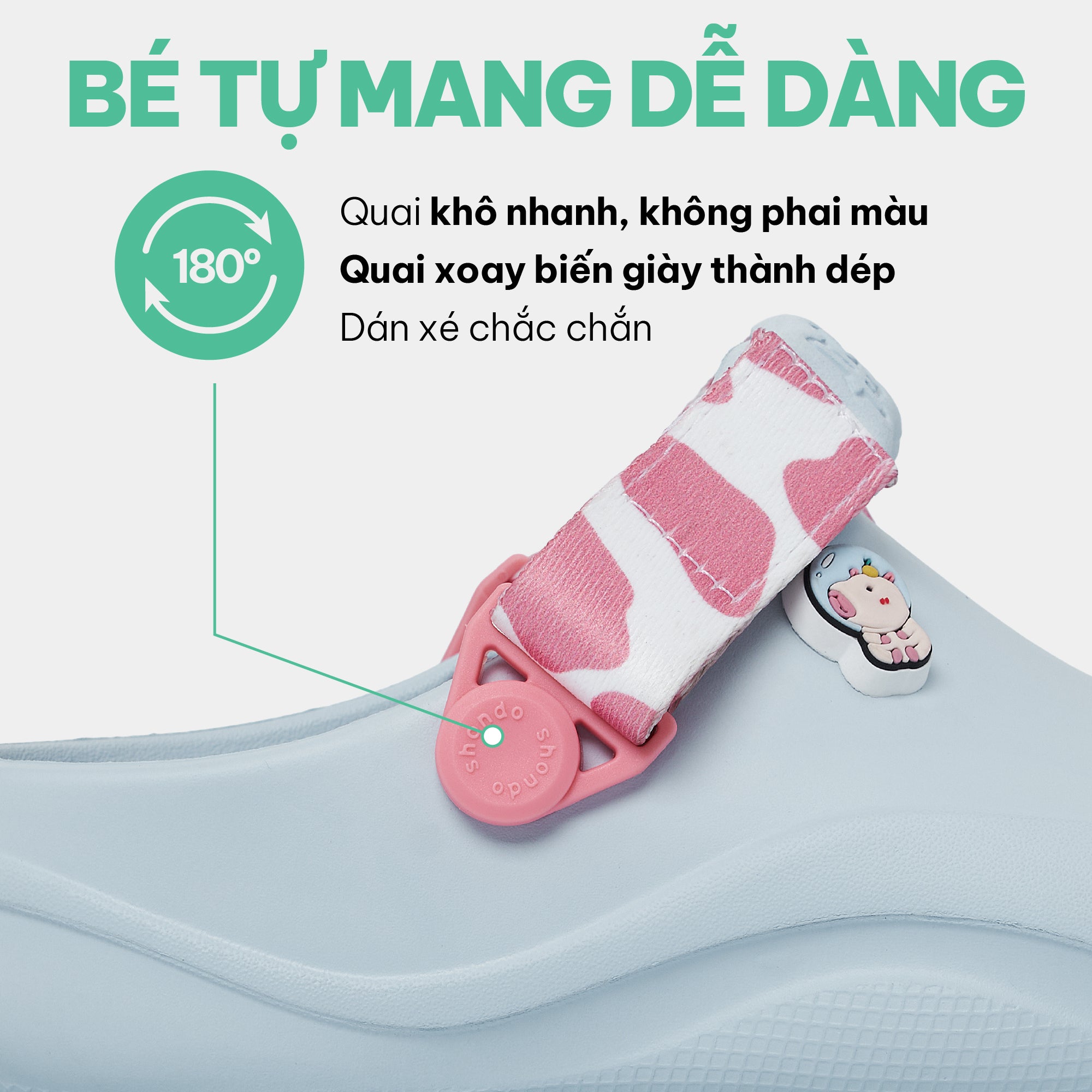 Clog Little Suke bé trai nhựa đúc xanh trời đai bò sữa hồng