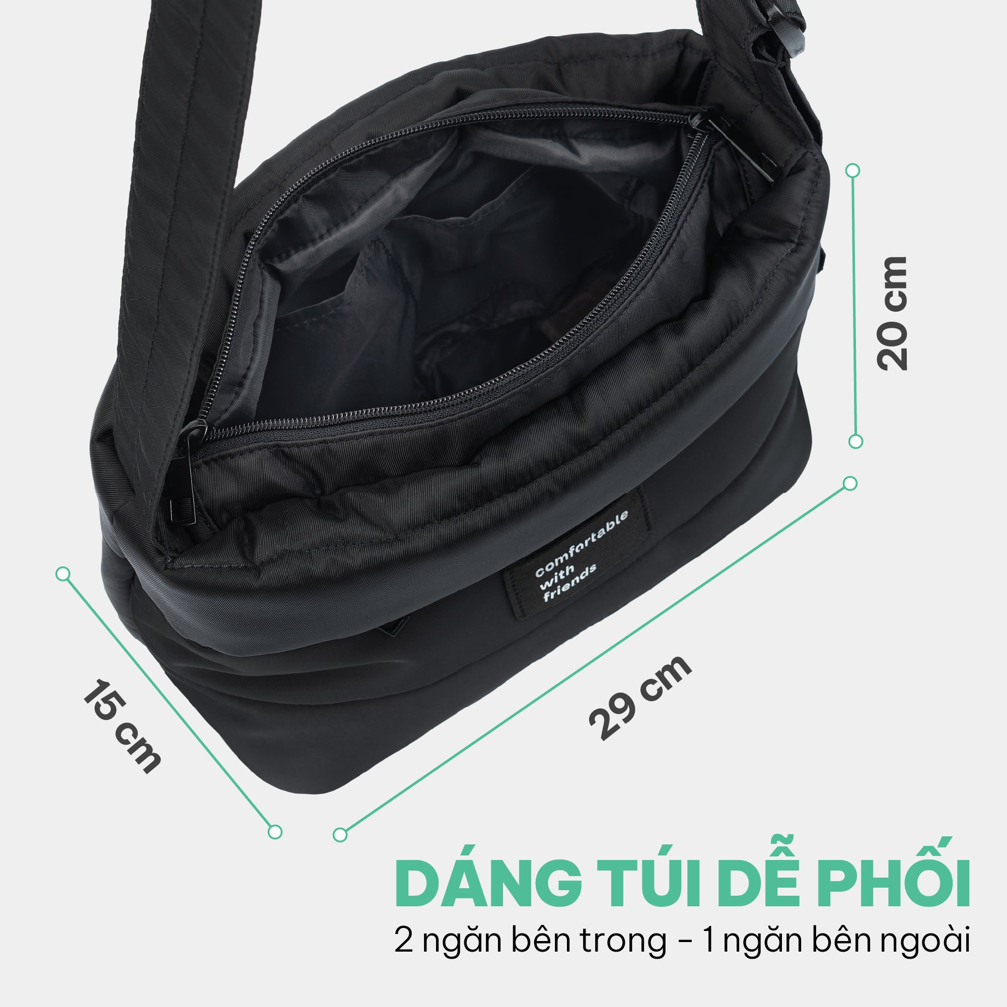 Túi đeo chéo vải dù chần bông đen