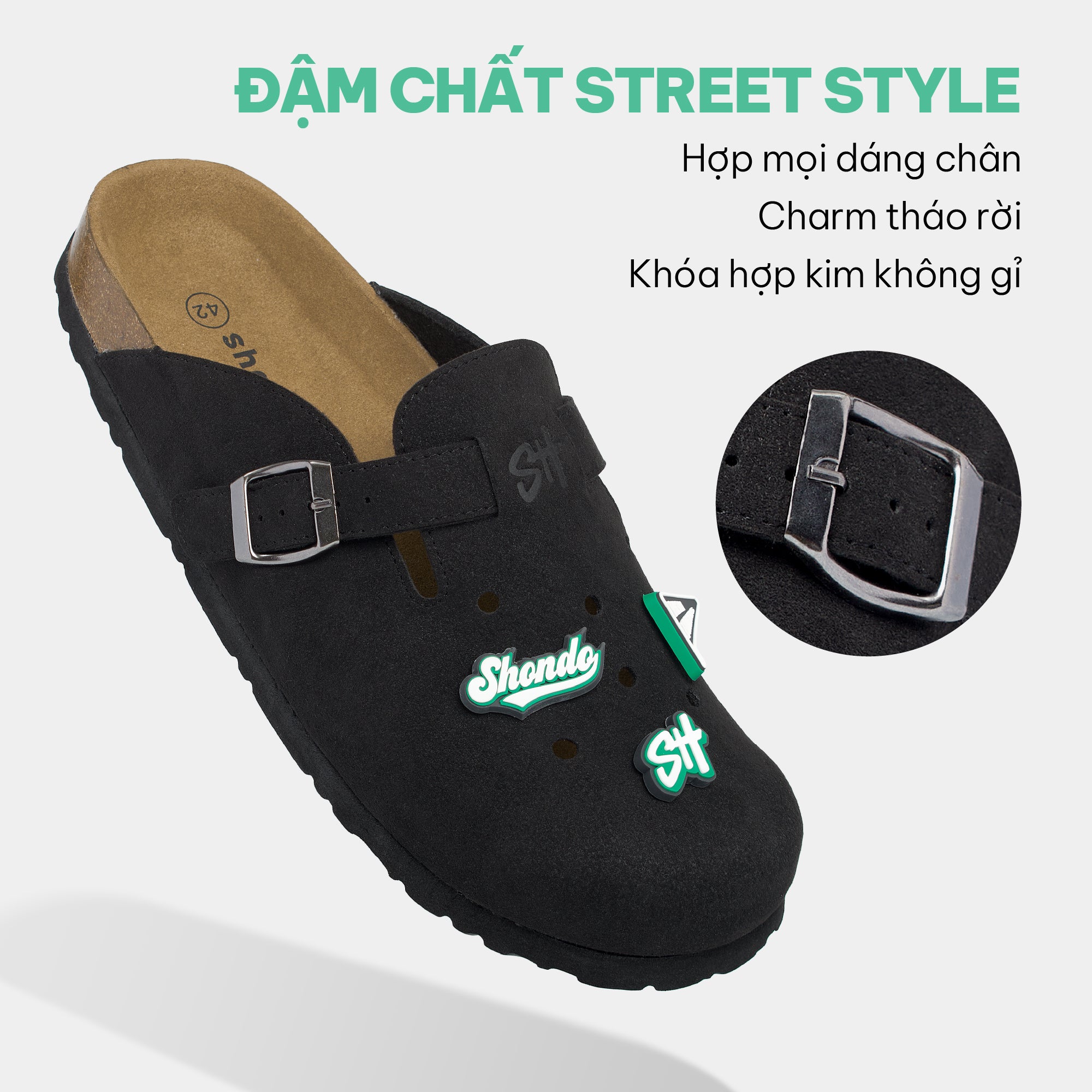 Dép sục trấu bít mũi gắn charm đen