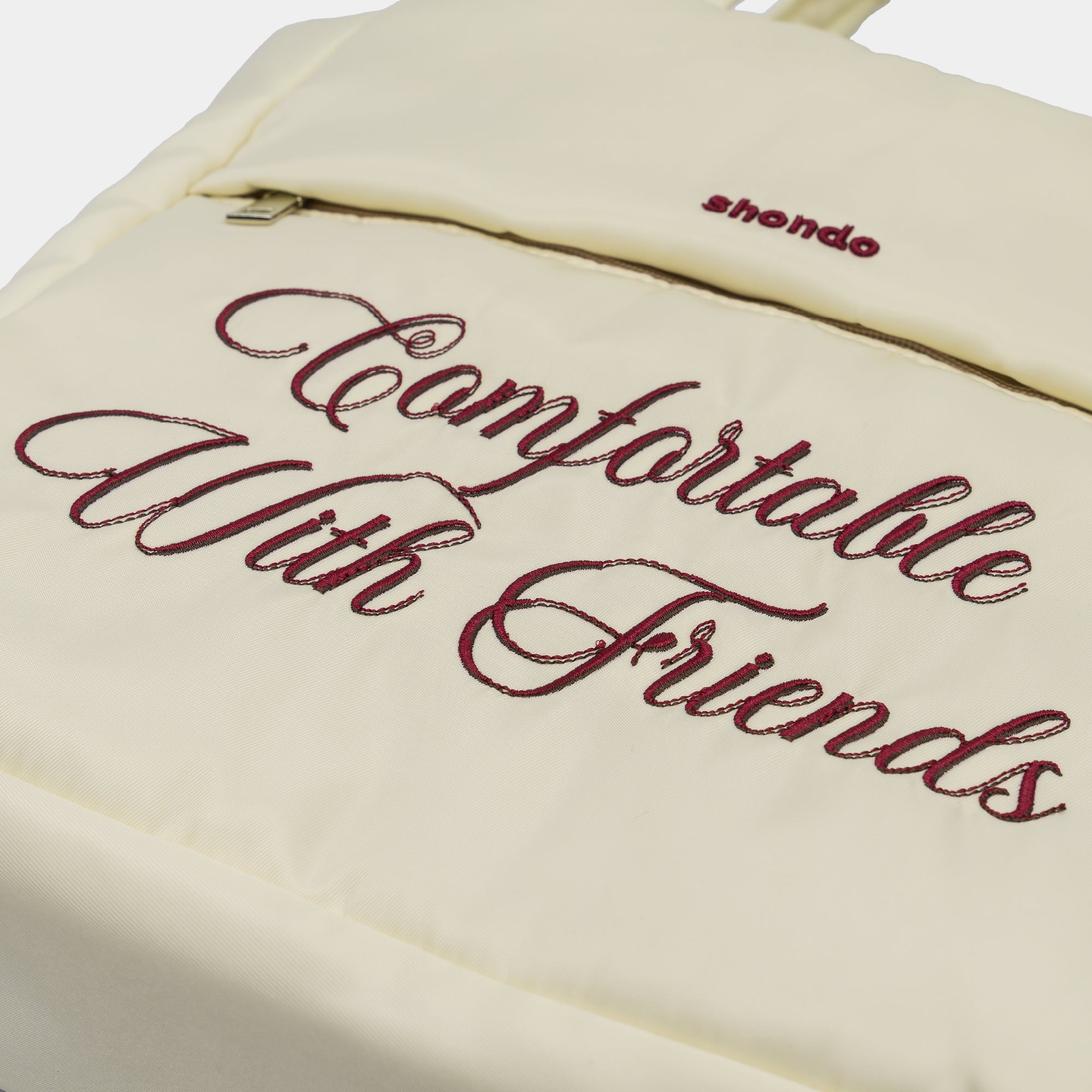 Túi tote phao thêu slogan trắng kem