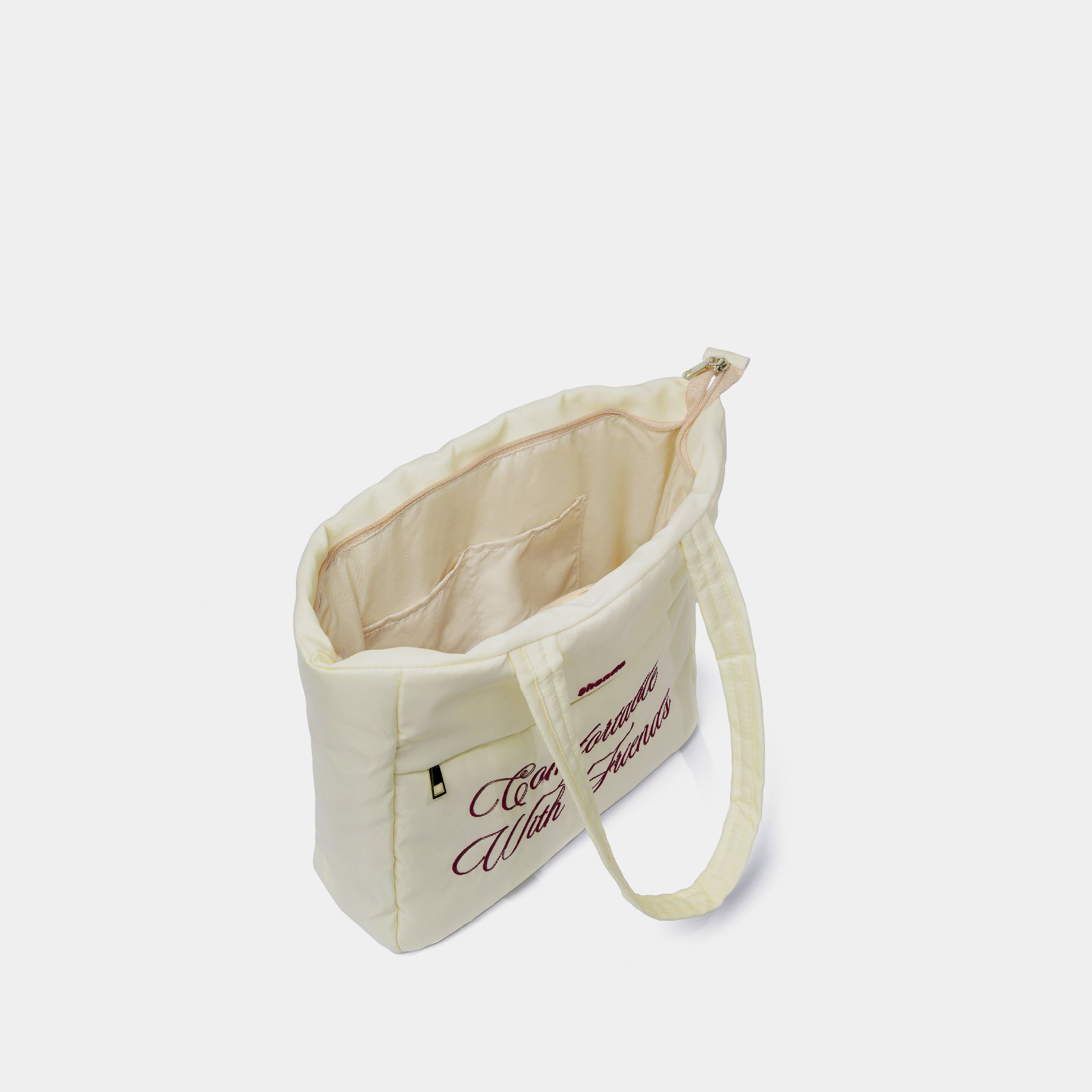 Túi tote phao thêu slogan trắng kem