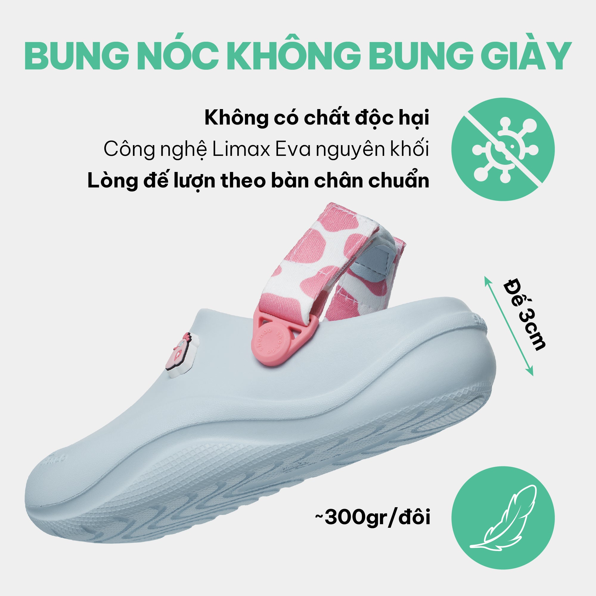 Clog Little Suke bé trai nhựa đúc xanh trời đai bò sữa hồng