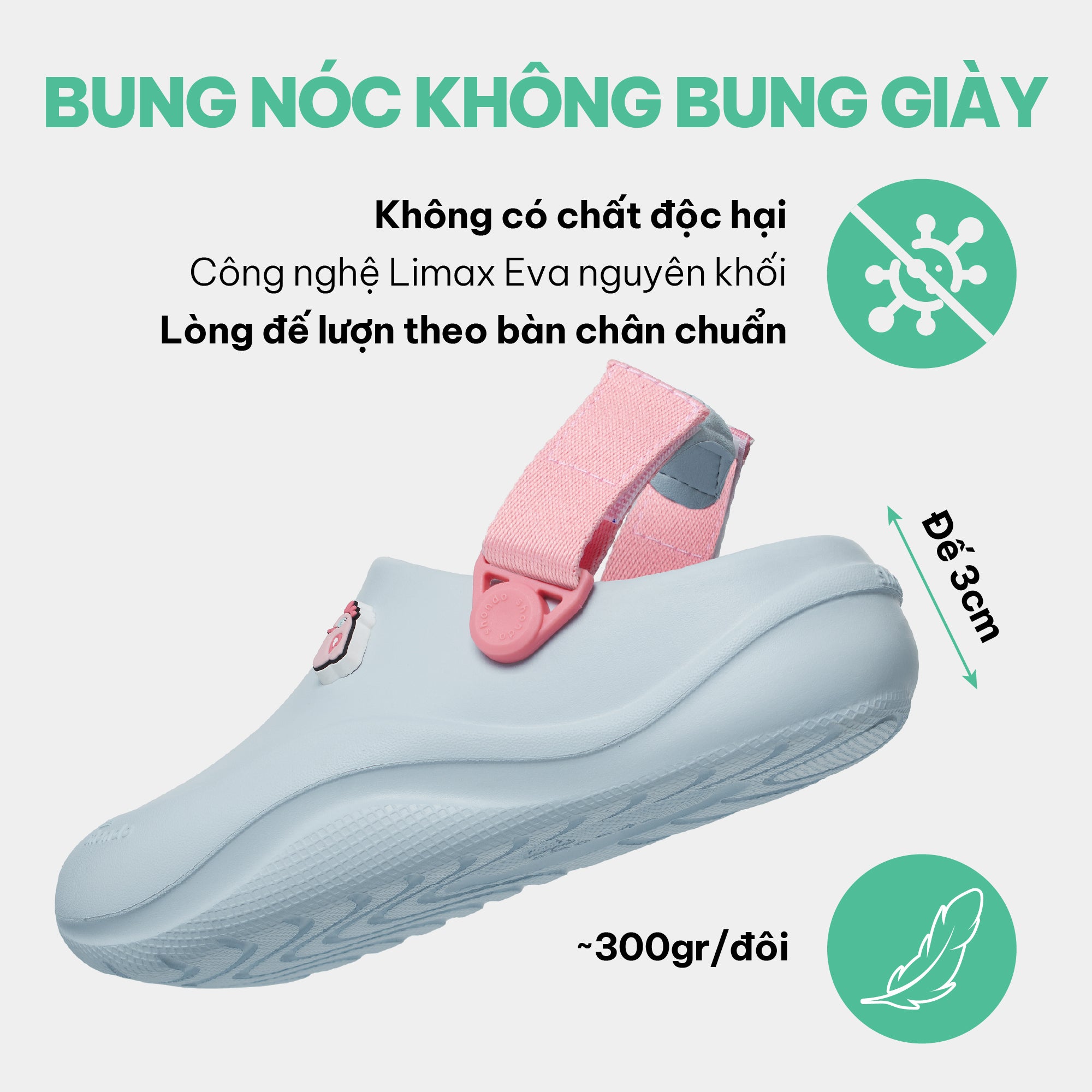 Clog Little Suke bé gái nhựa đúc xanh trời đai hồng dâu