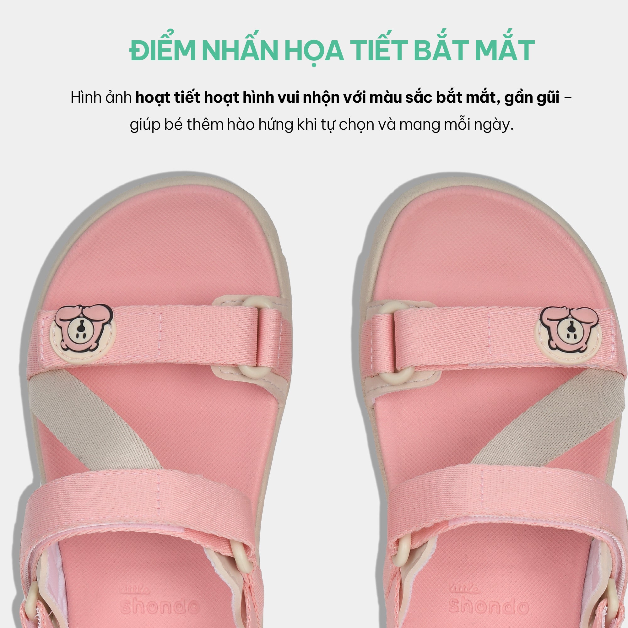 Sandal bé gái Little 6 tem gấu hồng kem