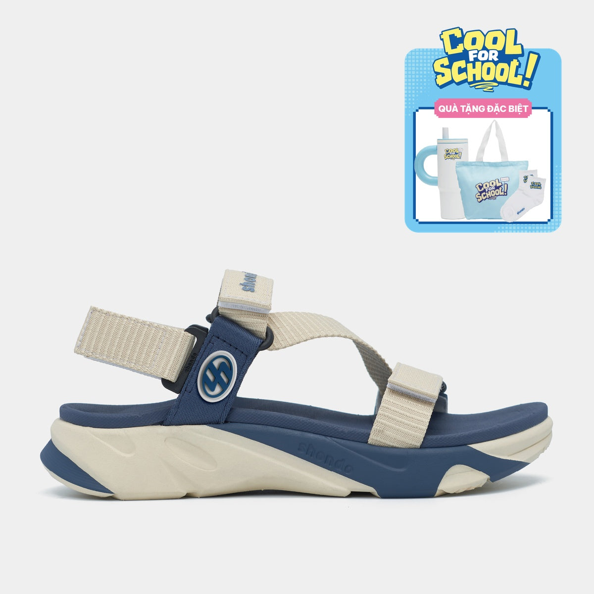 Giày Sandal Unisex Shondo F8M Quai Dệt Dập Gân Be Xanh Navy