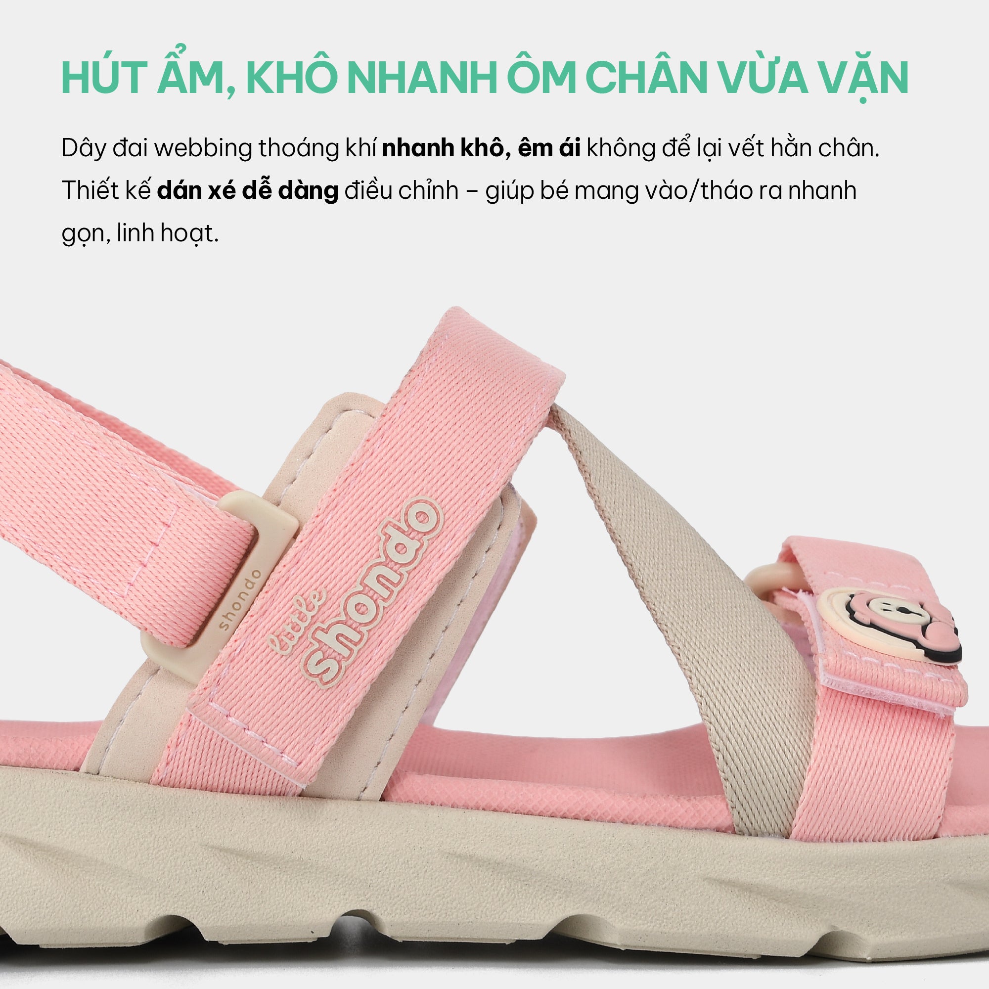 Sandal bé gái Little 6 tem gấu hồng kem
