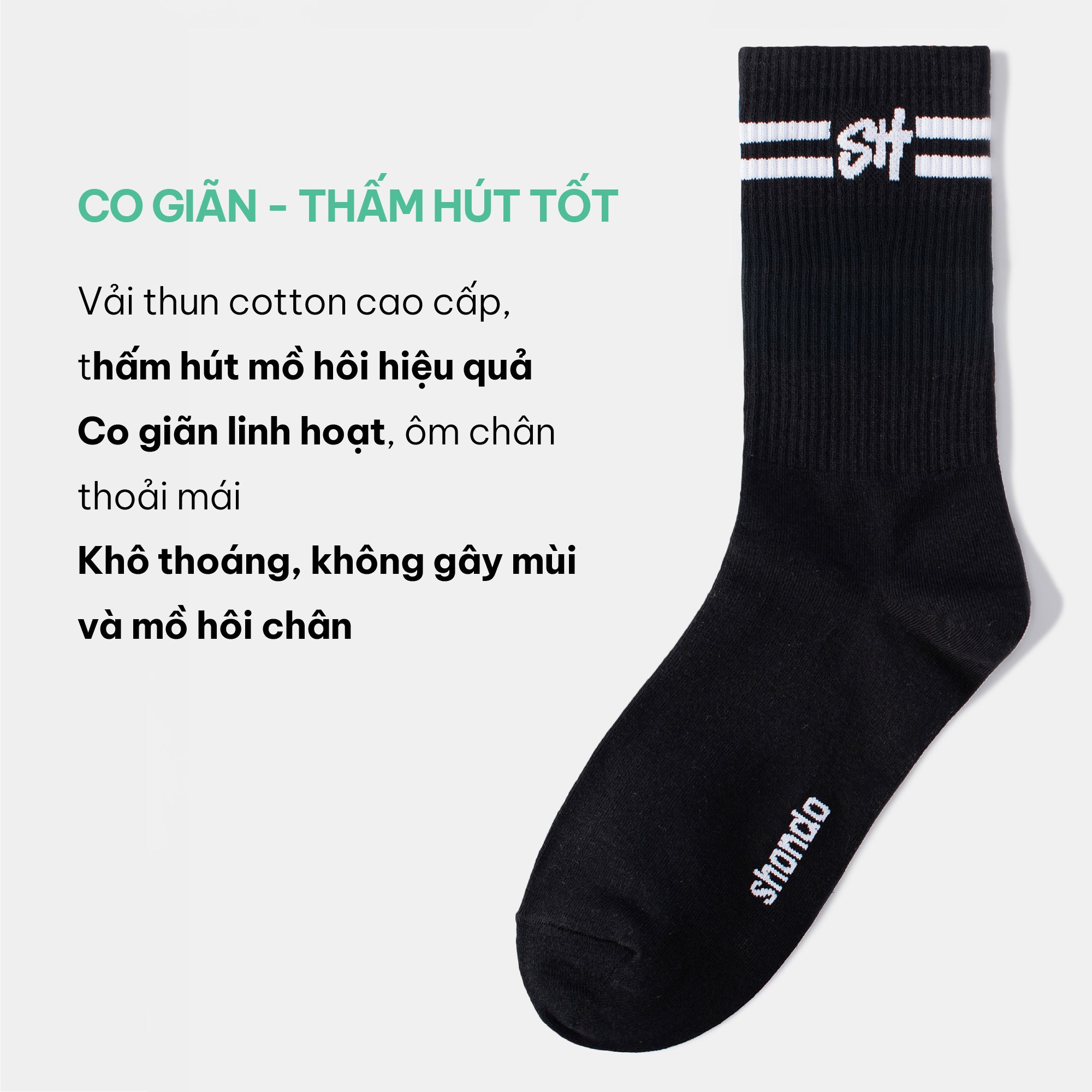 Vớ cổ cao 2 sọc logo SH màu đen