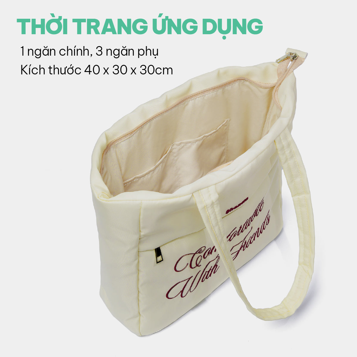 Túi tote phao thêu slogan trắng kem