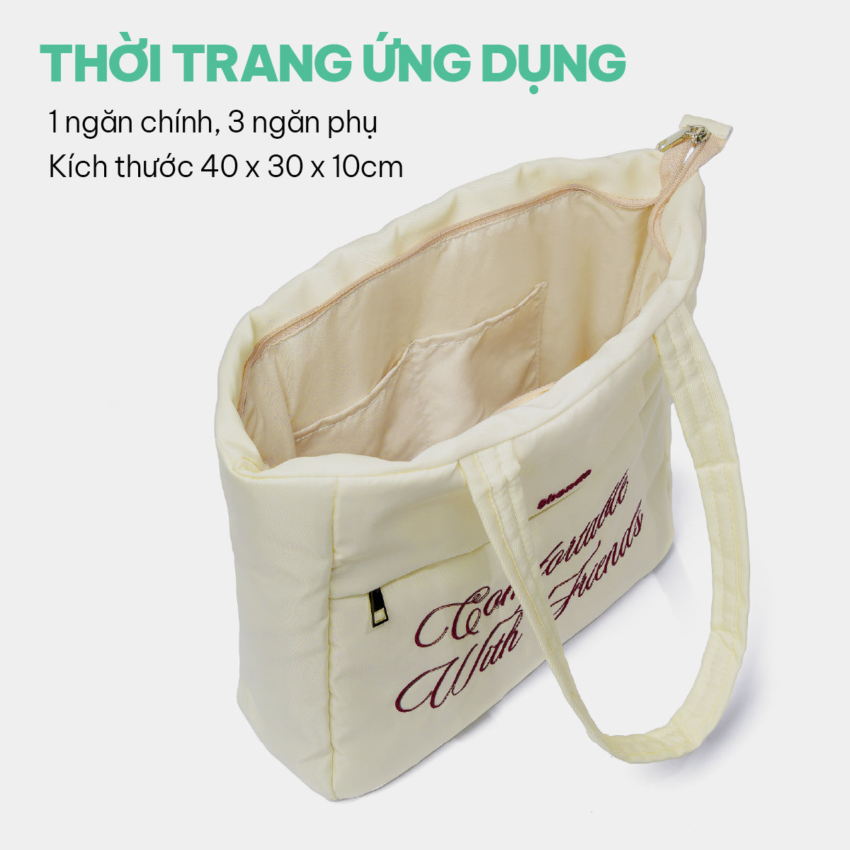 Túi tote phao thêu slogan trắng kem