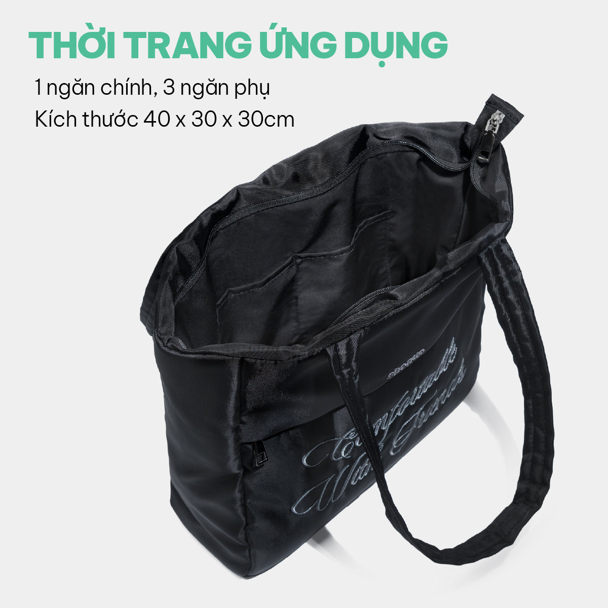 Túi tote phao thêu slogan đen