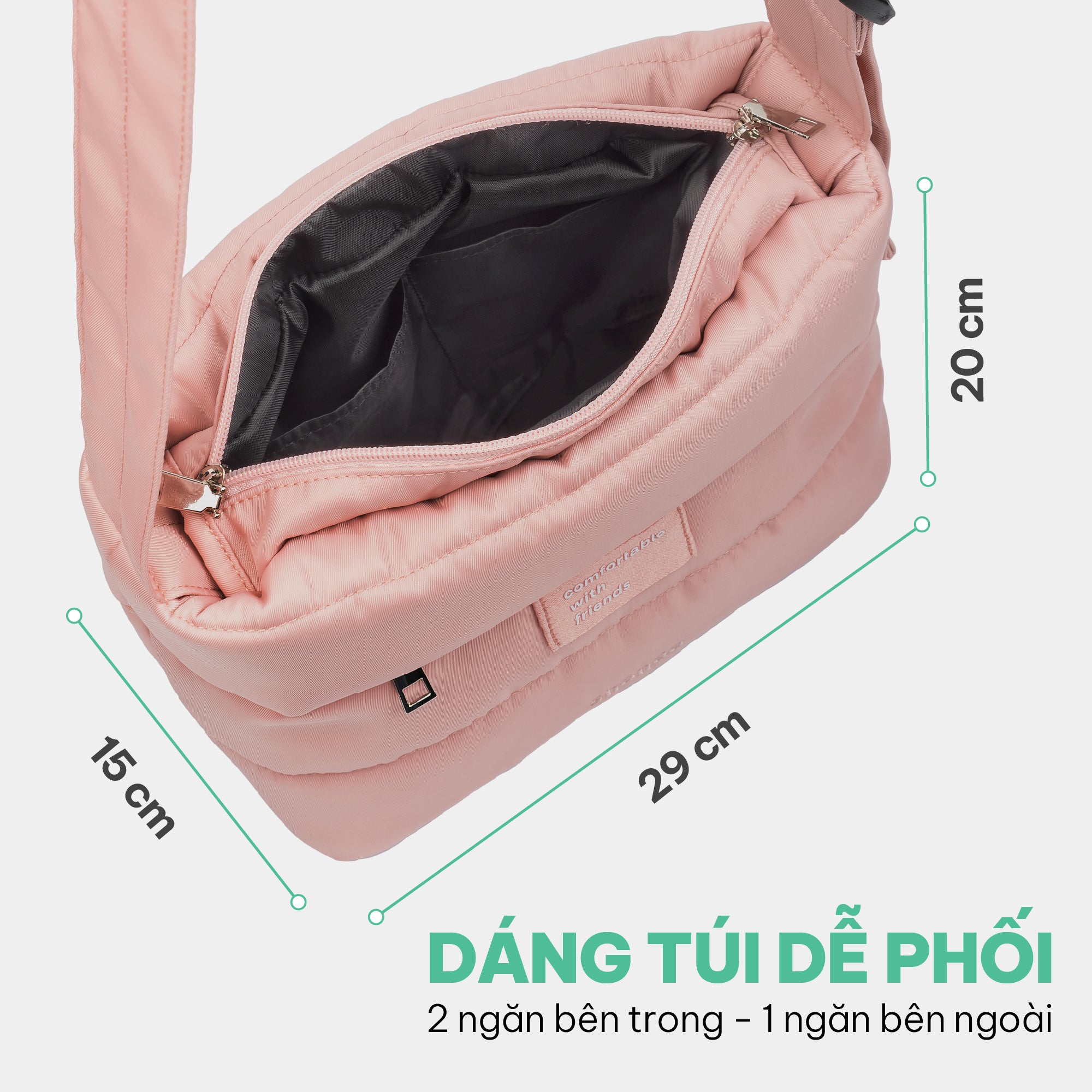 Túi đeo chéo vải dù chần bông hồng