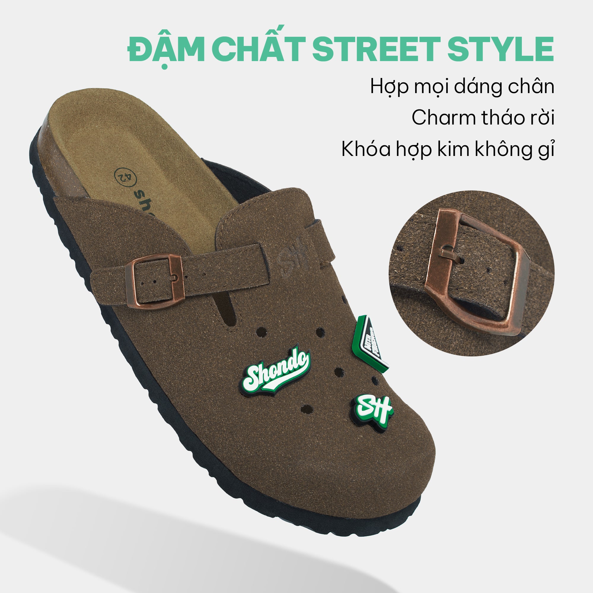 Dép trấu nam nữ bít mũi gắn charm nâu