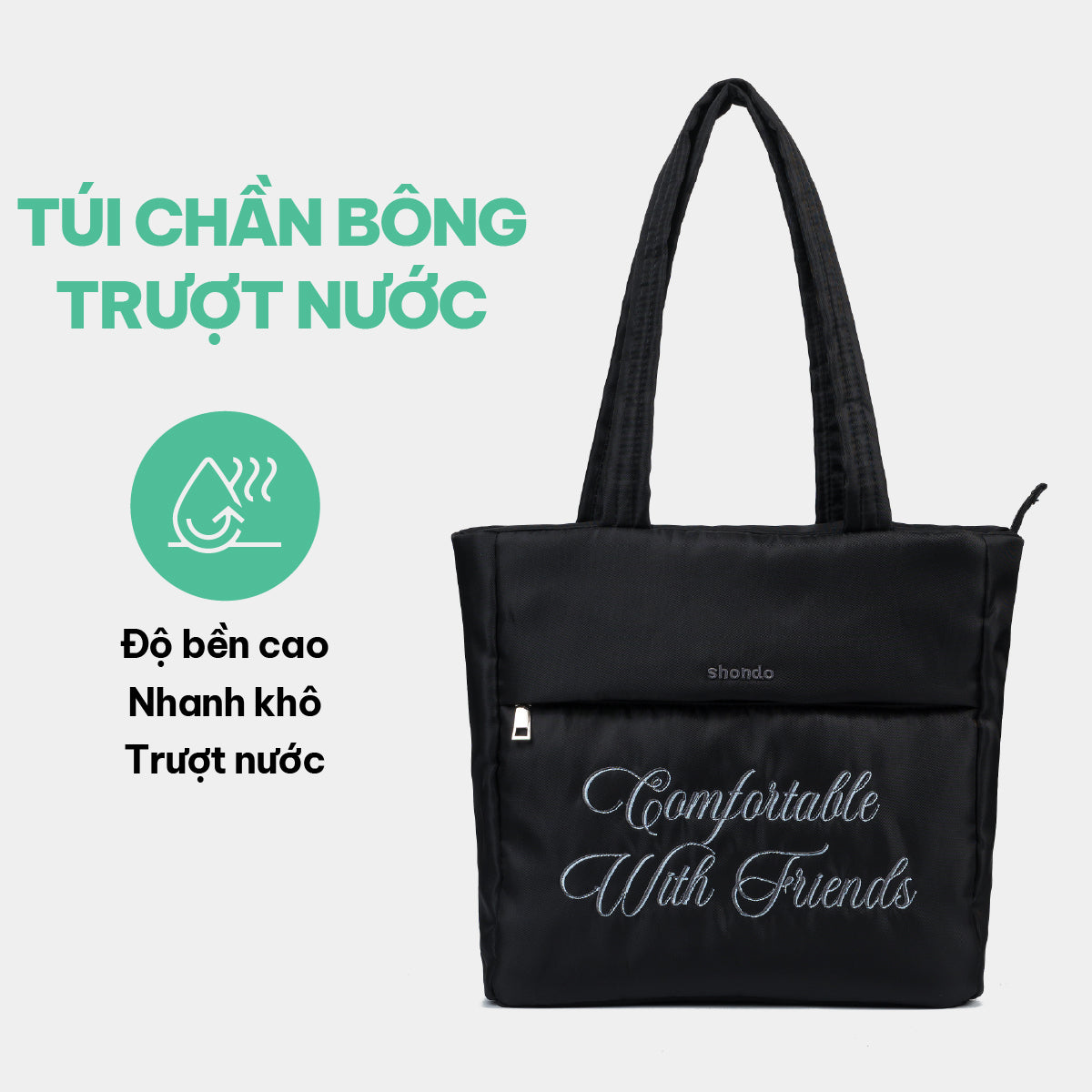 Túi tote phao thêu slogan đen