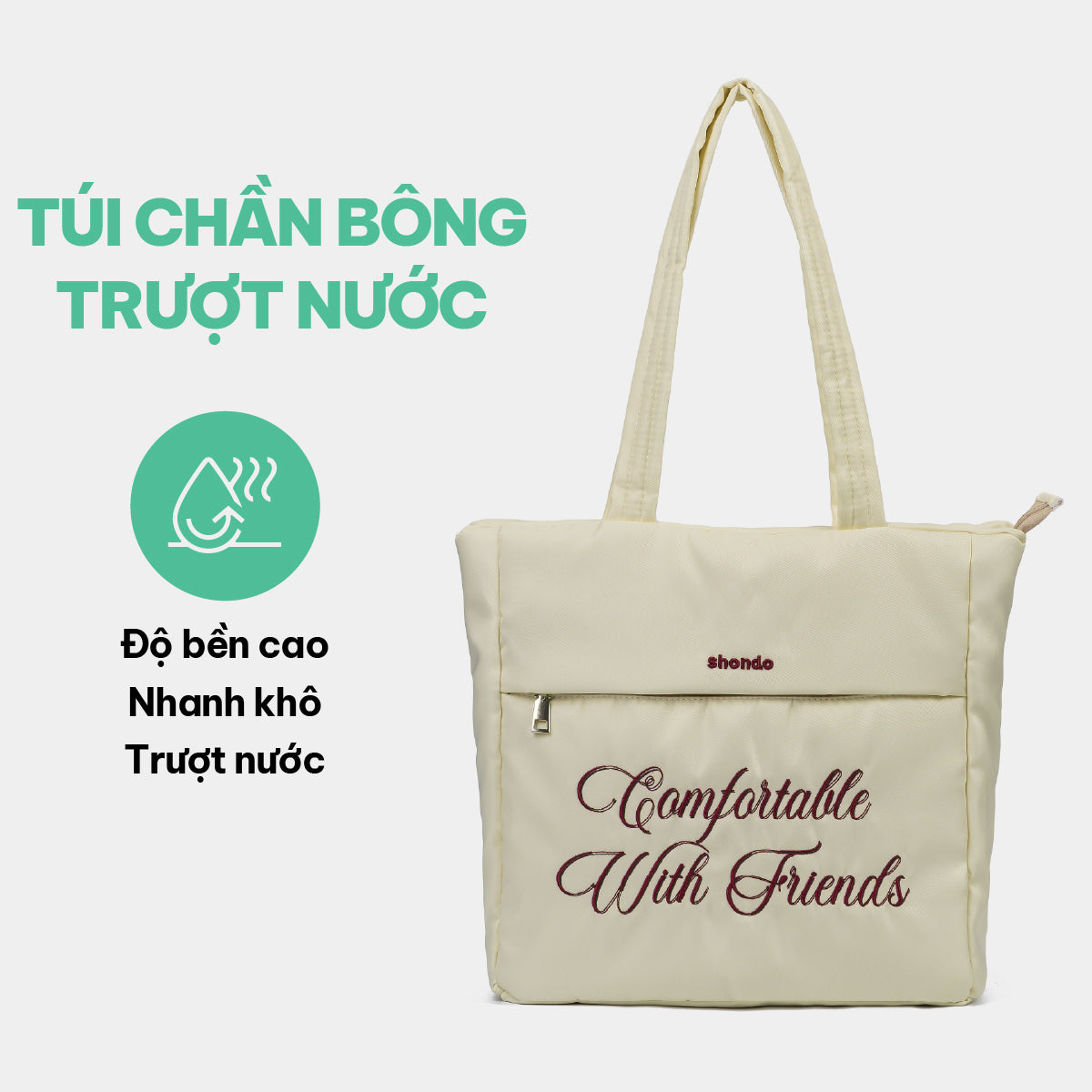 Túi tote phao thêu slogan trắng kem