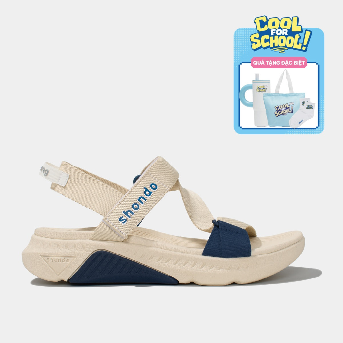 Giày Sandal Nam Nữ Shondo F7R Quai Chéo Be Phối Xanh Dương